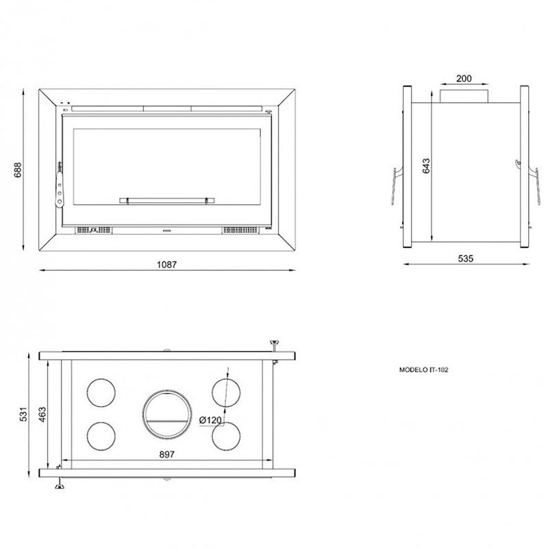 Inserto a Leña, modelo IT-102 para ductos con turbina. (14.5 kW) Doble puerta
