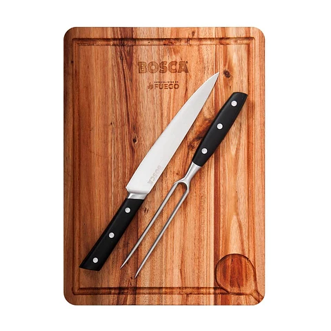 Tabla parrillera + cuchillo y tenedor largo